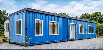 Blue modular container home exterior