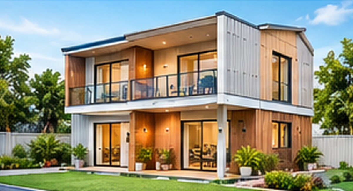 Modern container villa with broad glazing and a landscaped frontage